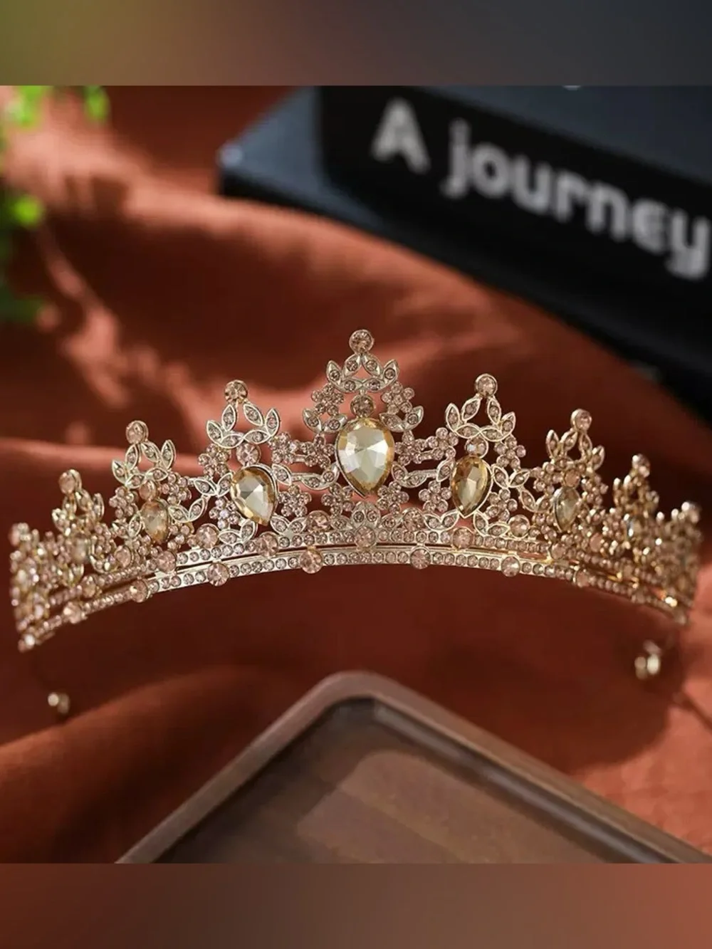 Gold Crystal Bridal Tiara with Champagne Gem Accents